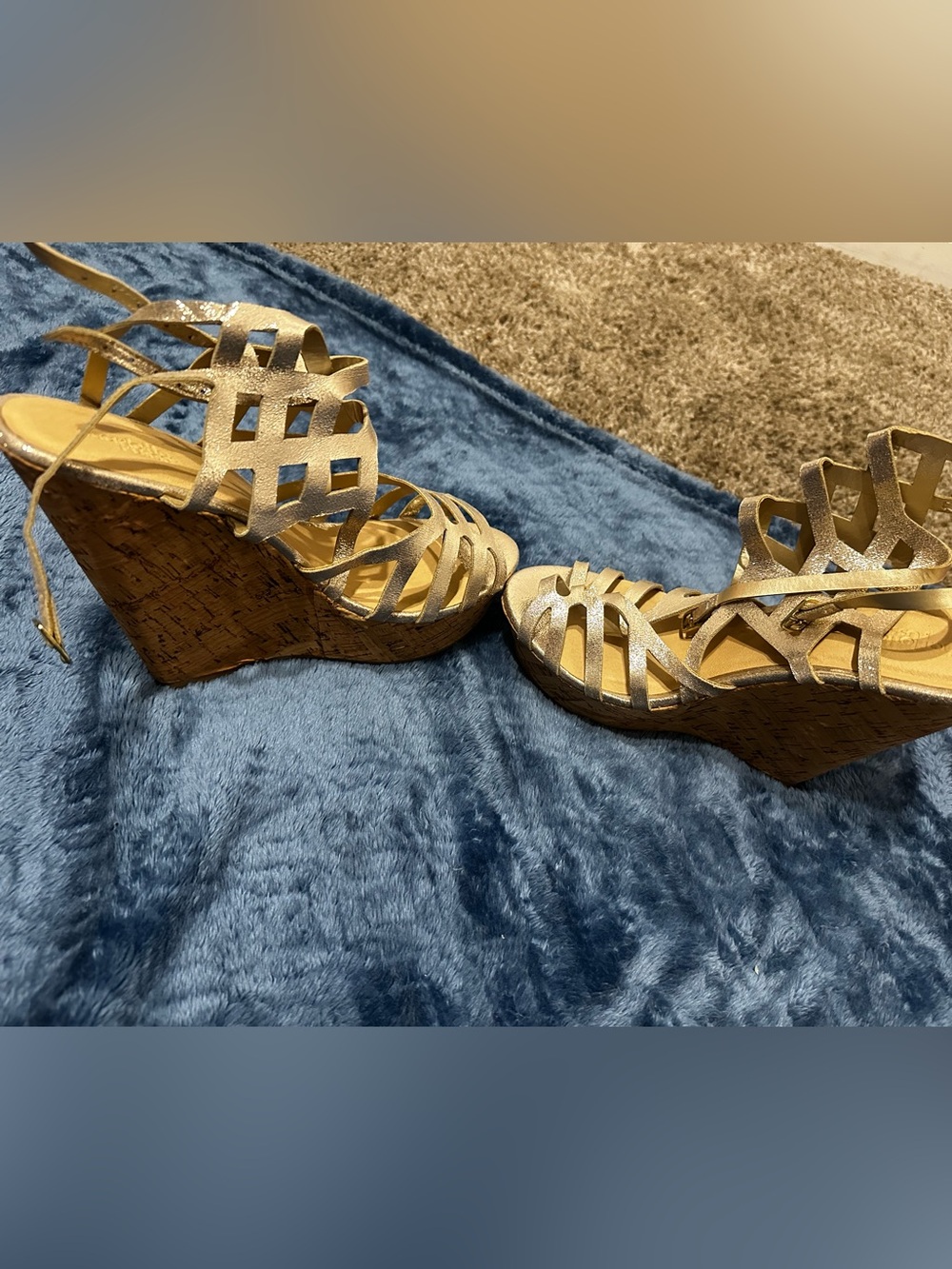 Charlotte Russe Metallic Gold Wedge Sandals with Cork Platform